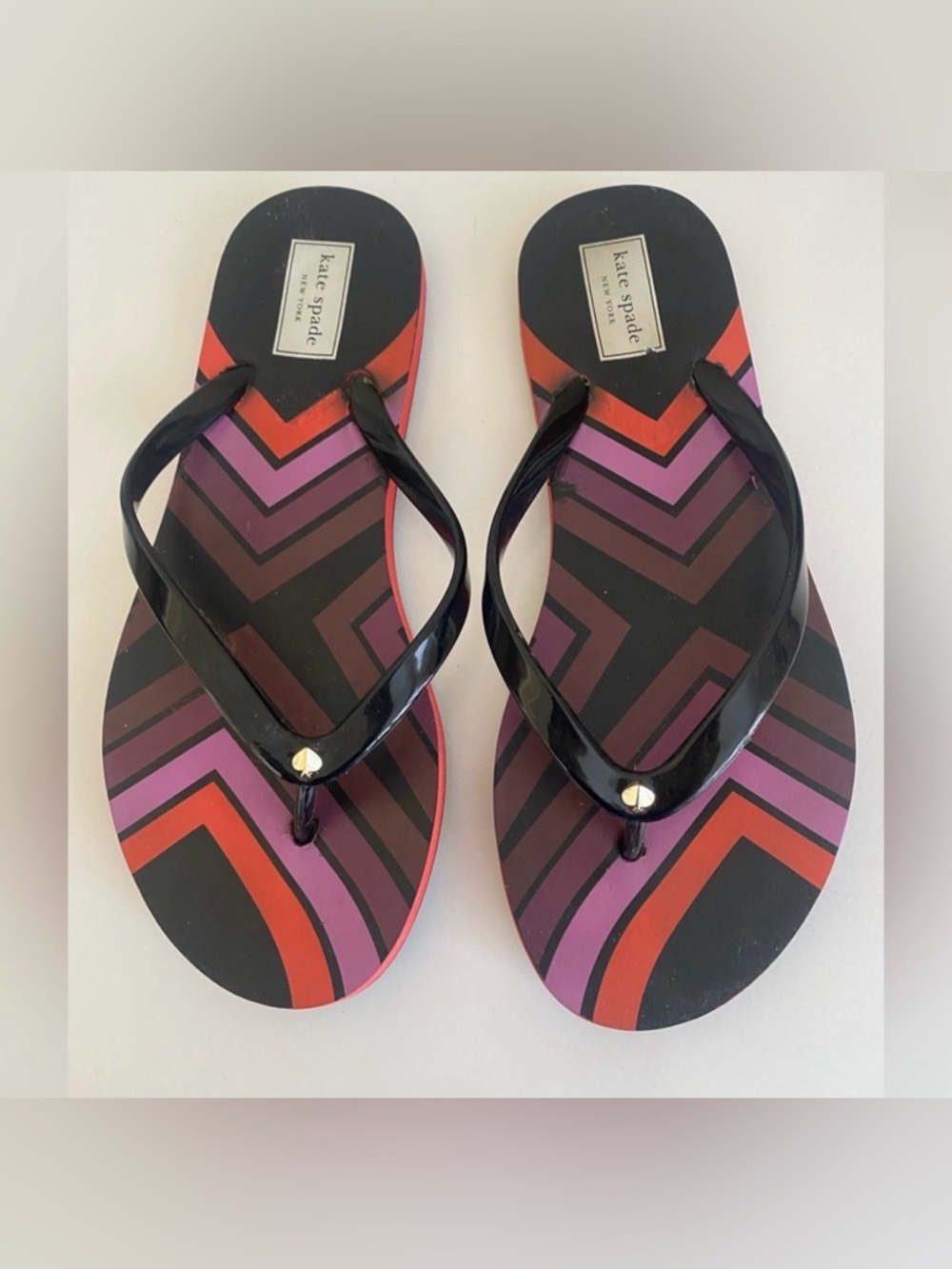 Kate Spade NY Black Multi Striped Flip Flop Sandals Size 7-8 in GUC